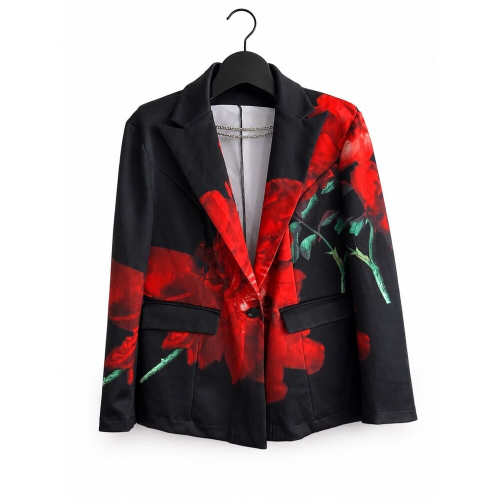 Rose Floral Print Blazer Jacket Black Red Statement Career Plus Size 2XL